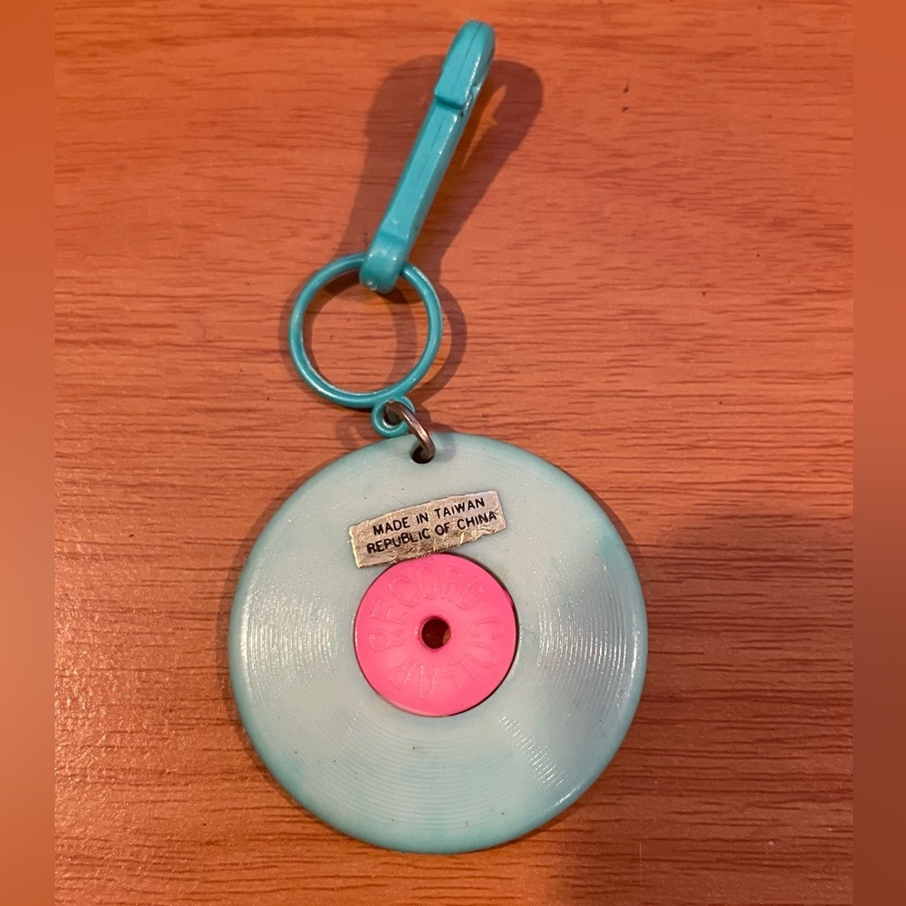 Vintage 1980s Plastic Bell Charm Blue Record With Label 80s Necklace